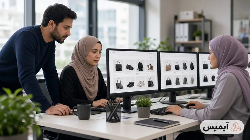تیم طراحی در حال طراحی سایت فروشگاهی روی چند مانیتور